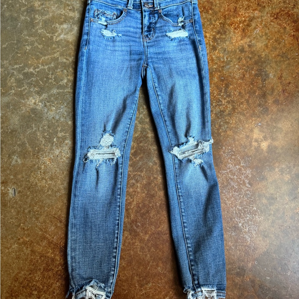 Buckle Distressed Skinny Jeans - Blue